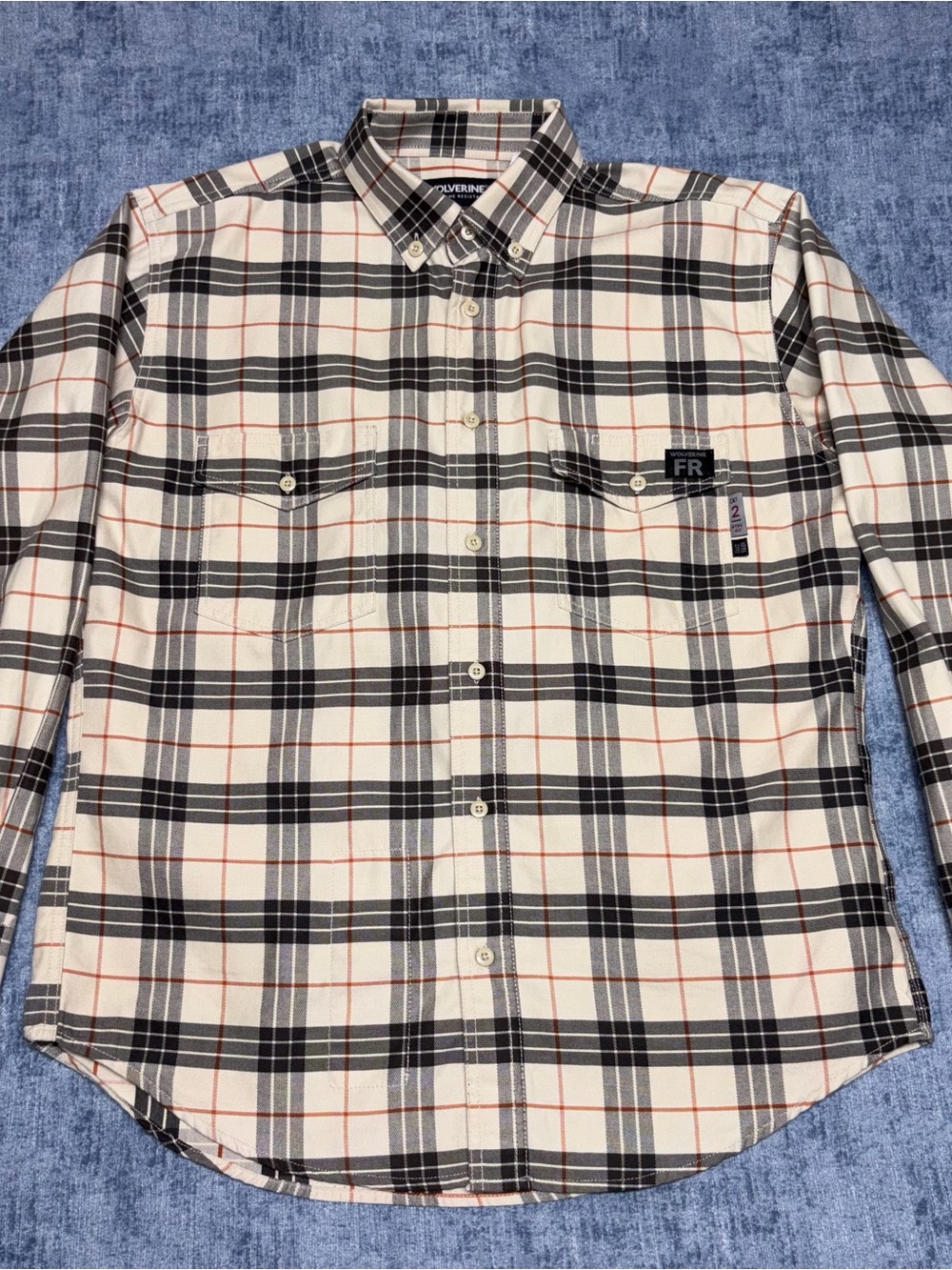 Wolverine FR Men’s Black & Cream Plaid Button-Down Shirt Size L